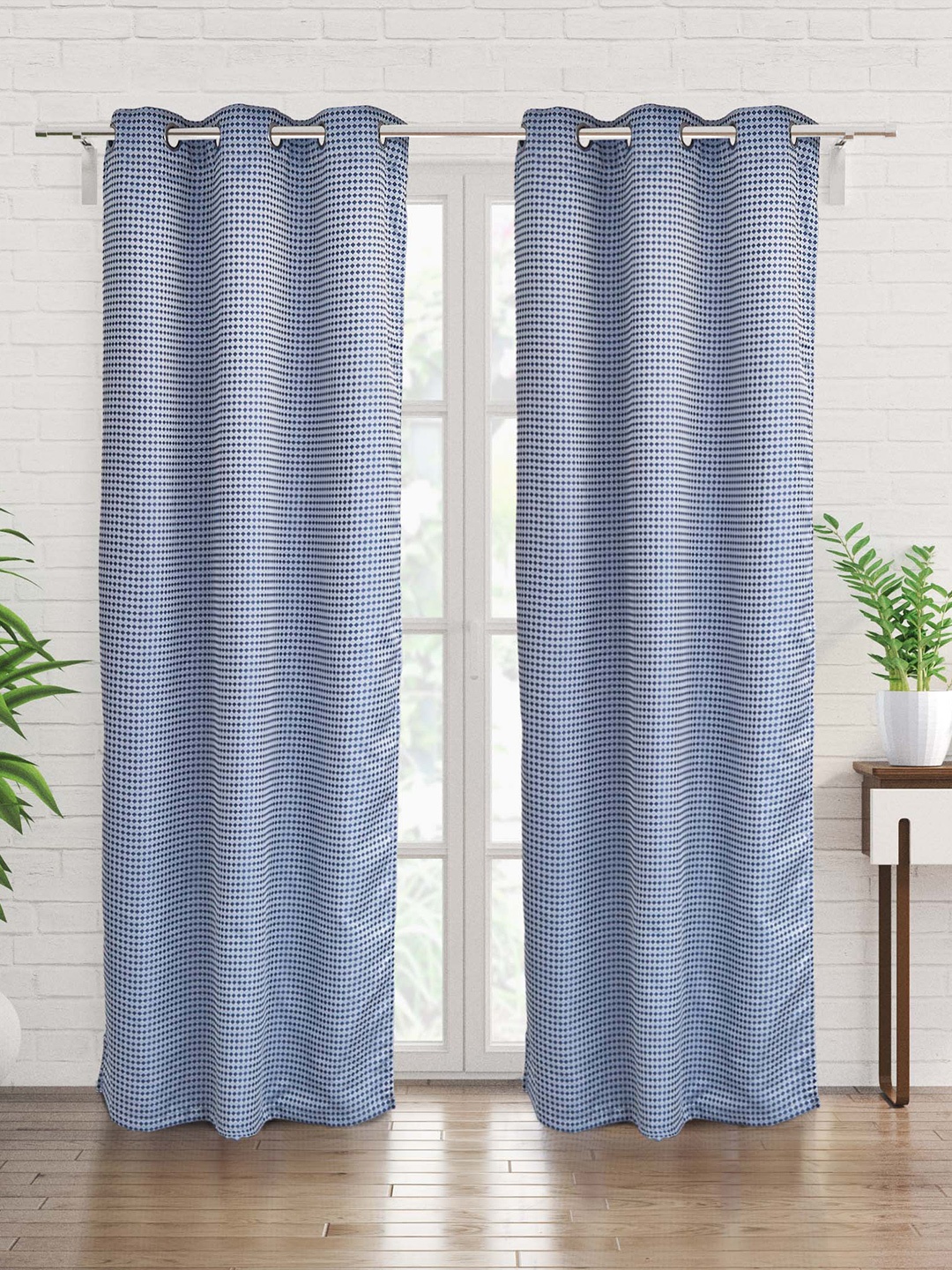 

Home Centre Blue & White 2 Pieces Geometric Printed Black Out Door Curtains