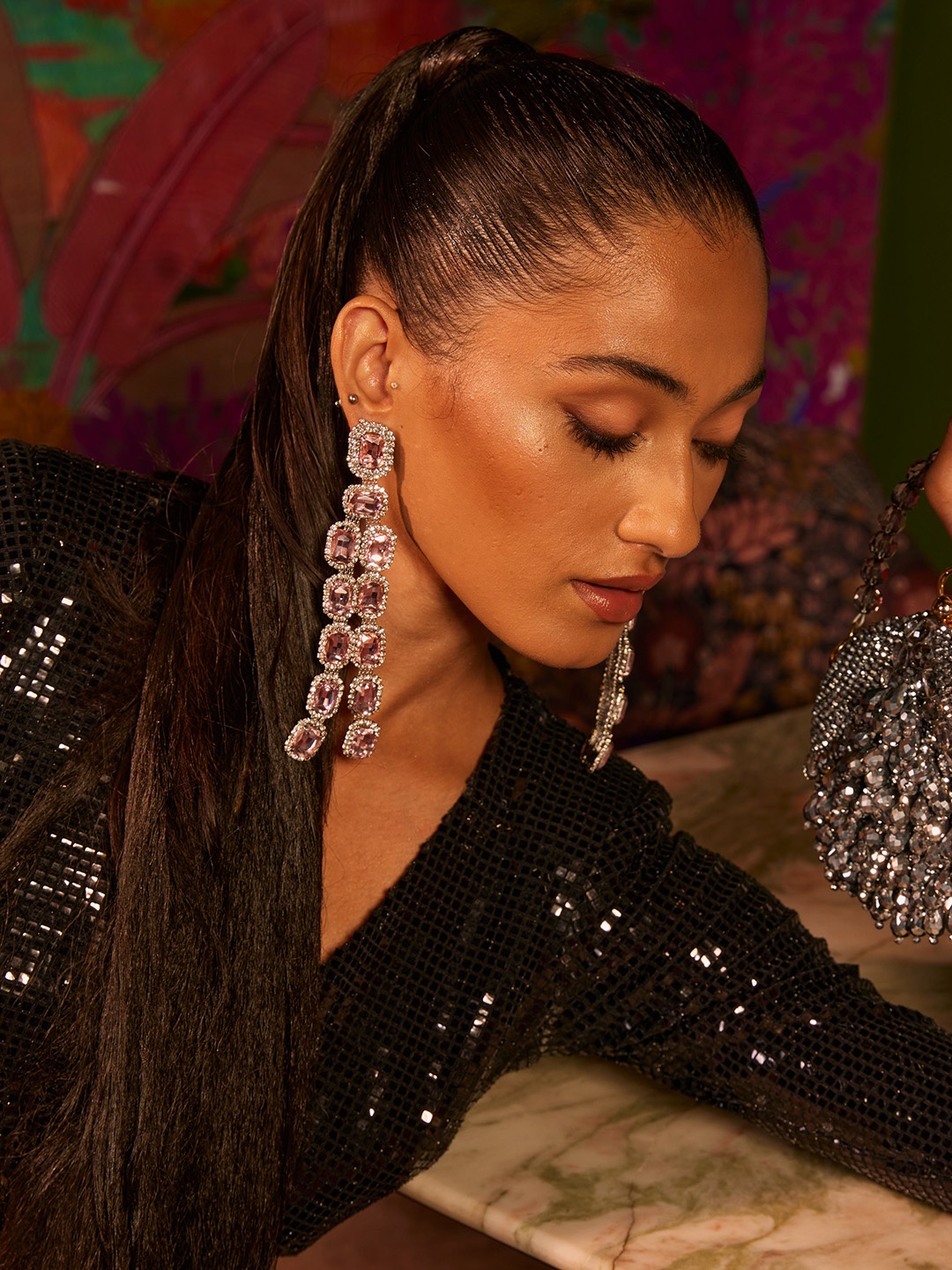

ISHKAARA Silver Plated Contemporary Cubic Zirconia Studded Drop Earrings