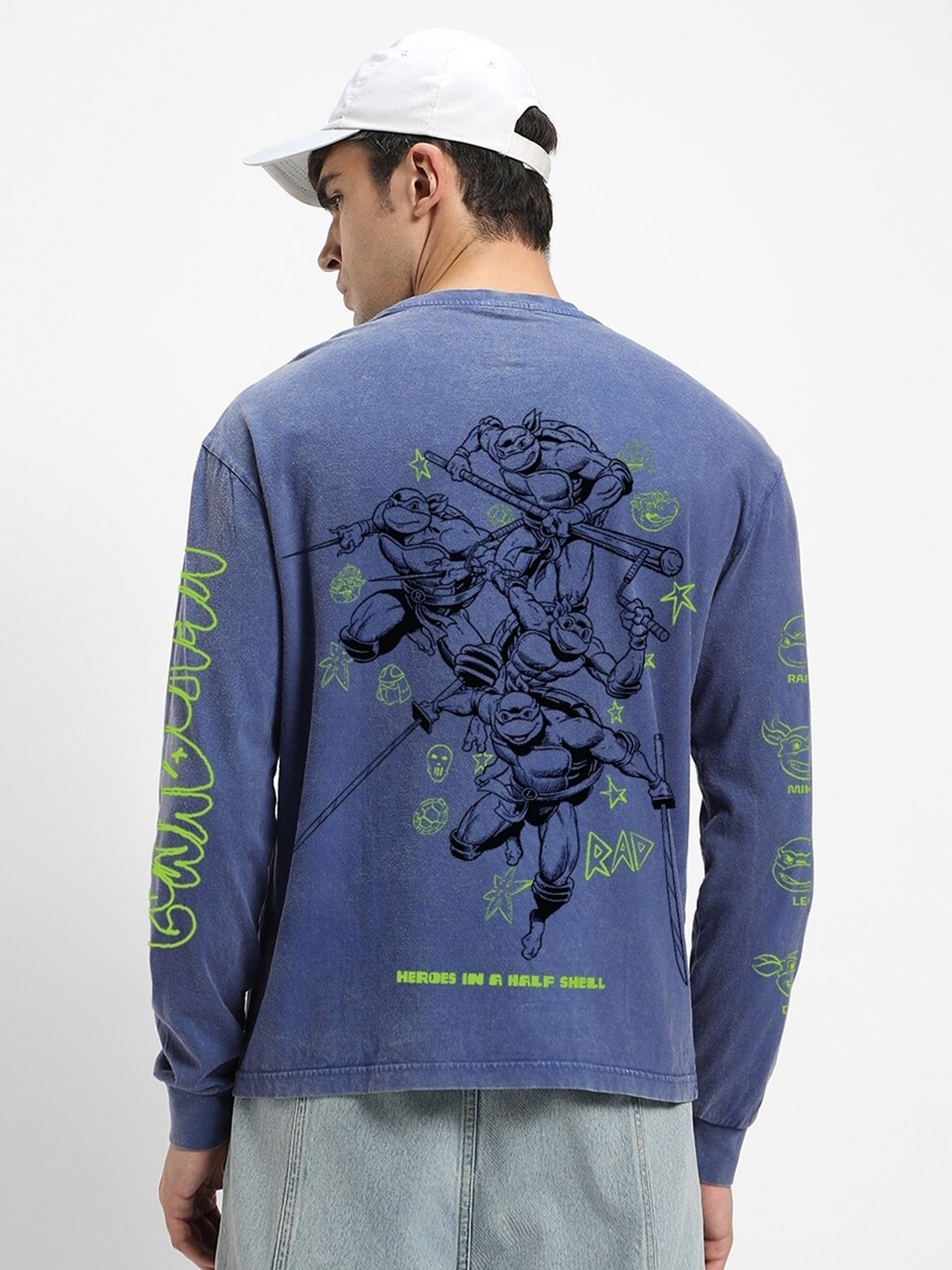 

Bewakoof Blue Mutant Ninja Turtles Printed Long Sleeves Pure Cotton Oversized T-shirt