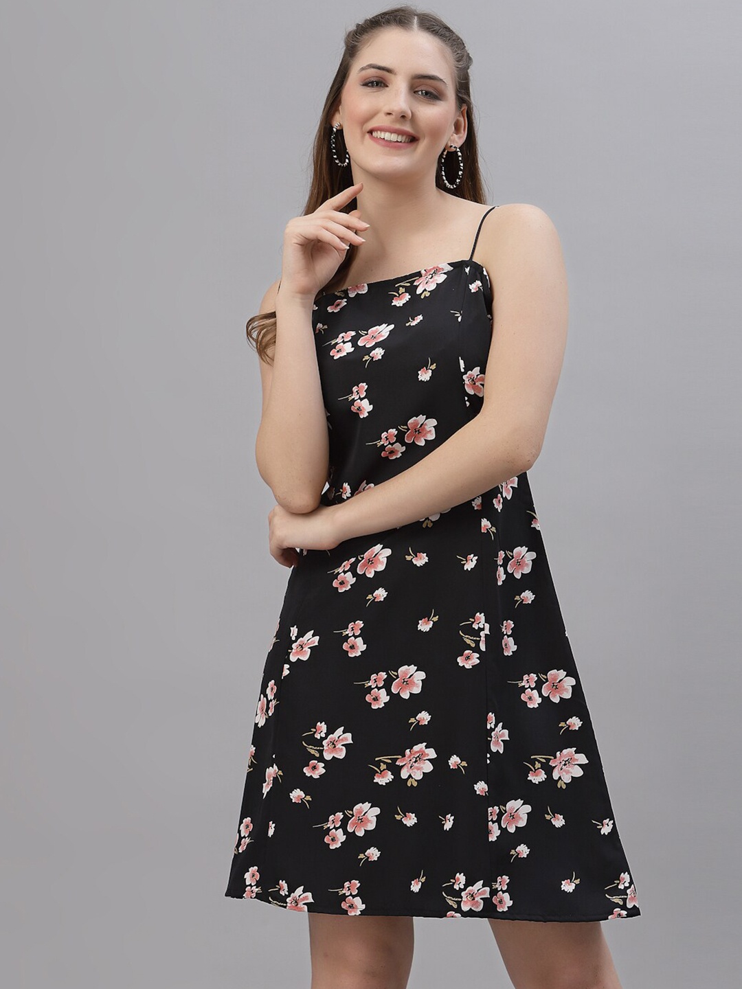 

BAESD Floral Printed Shoulder Straps A-Line Dress, Black