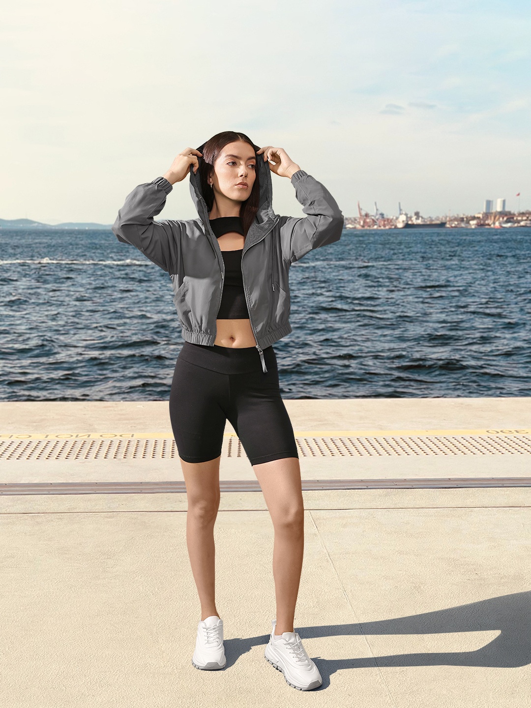 

FOREVER 21 Full Sleeve Hooded Crop Open Front Jacket, Grey