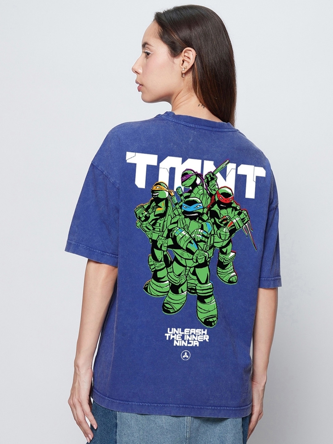 

Bewakoof Blue Mutant Ninja Turtles Printed Round Neck Pure Cotton Oversized T-shirt
