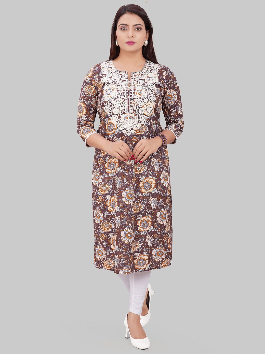 

COTTON CULTURE Floral Printed Thread Work Detailed Pure Cotton Straight Kurta, Brown