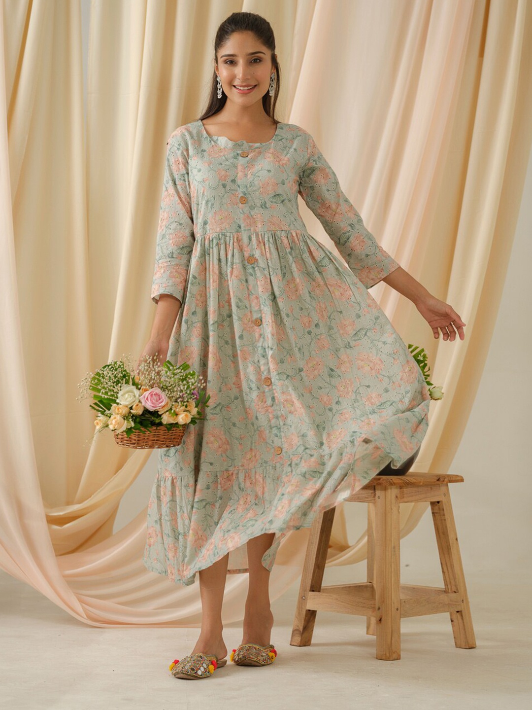 

Ishin Floral Printed Pleated Schiffli Flounce Hem Fit & Flare Cottton Midi Dress, Sea green