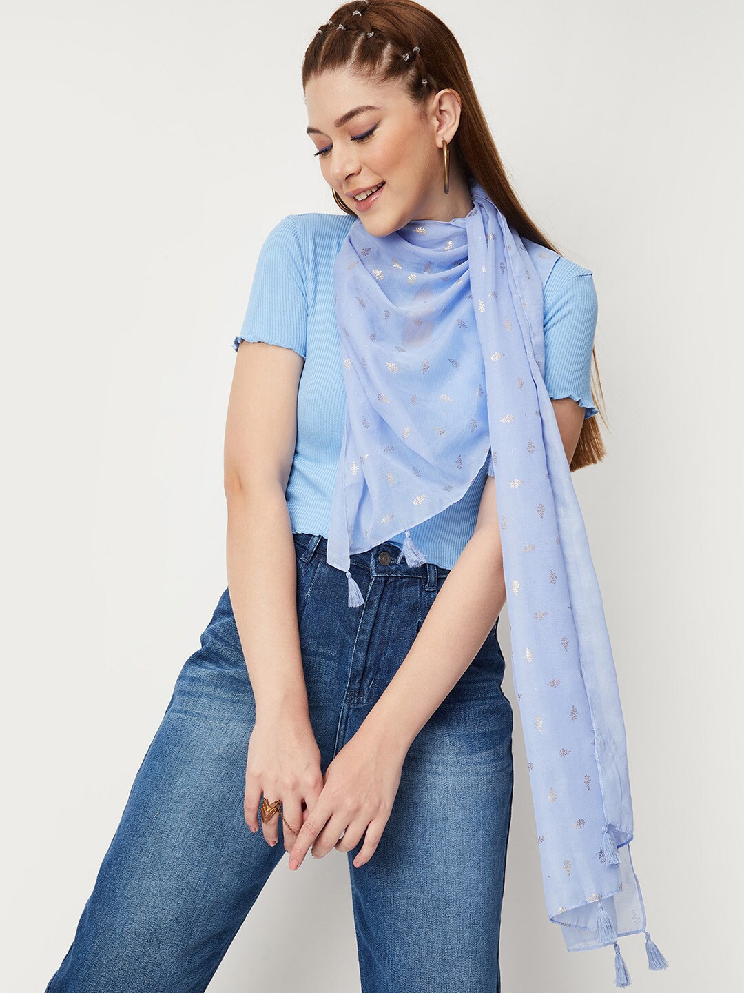 

max Printed Scarf With Tasselled, Blue