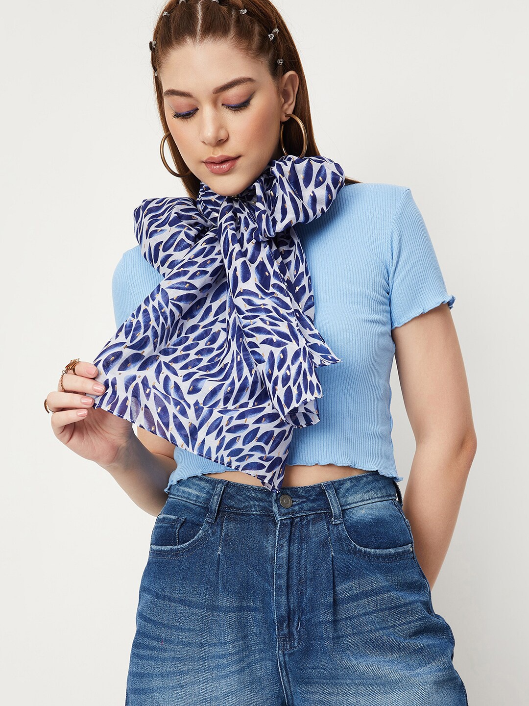 

max Leaf Motifs Printed Scarf, Blue