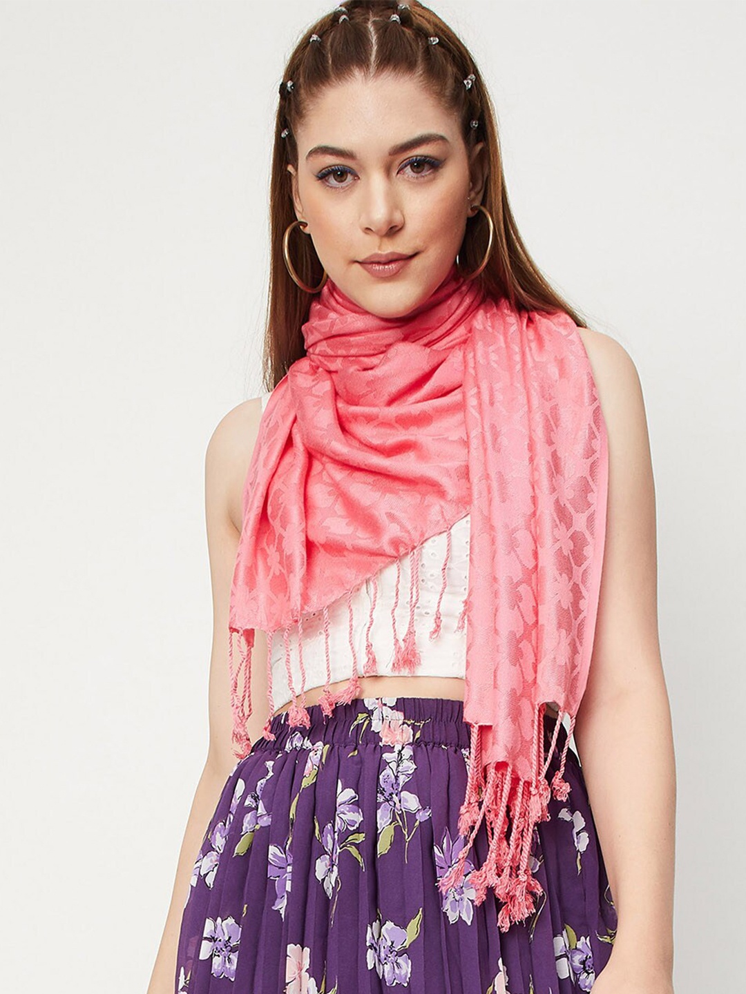 

max Woven Design Tasselled Scarf, Pink