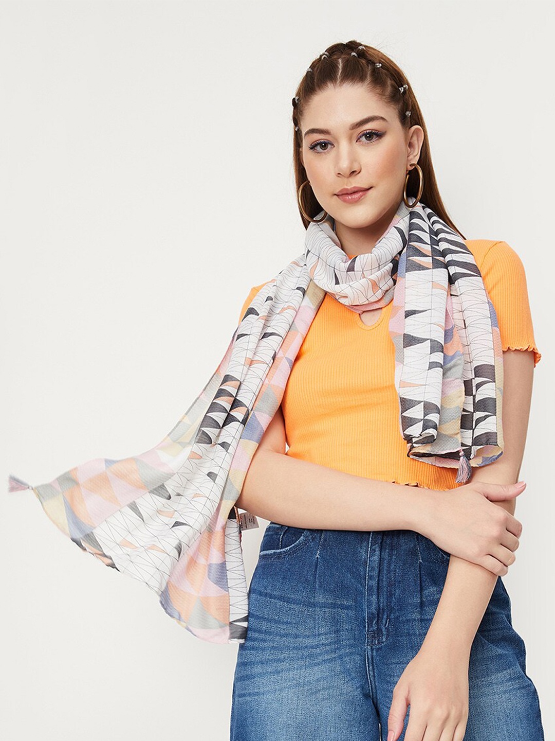 

max Printed Scarf With Tasselled, White