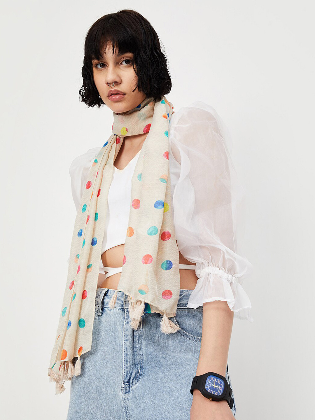 

max Polka Dot Printed Scarf With Tasselled, Beige