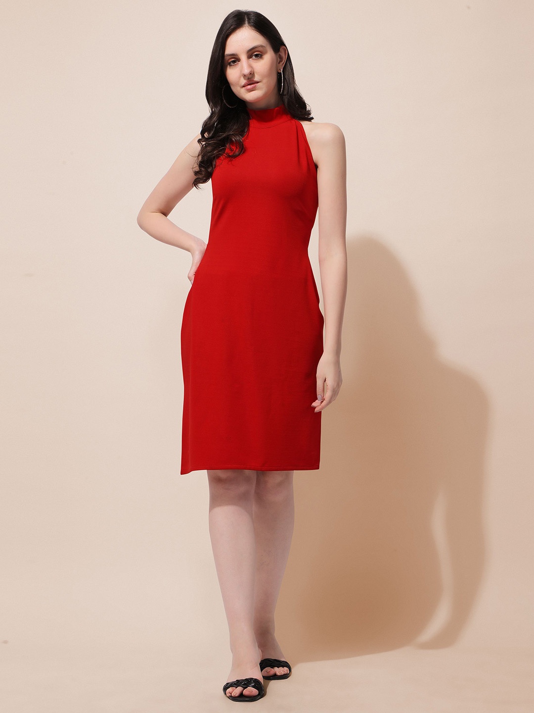 

BAESD Mock Neck Sleeveless Sheath Dress, Red