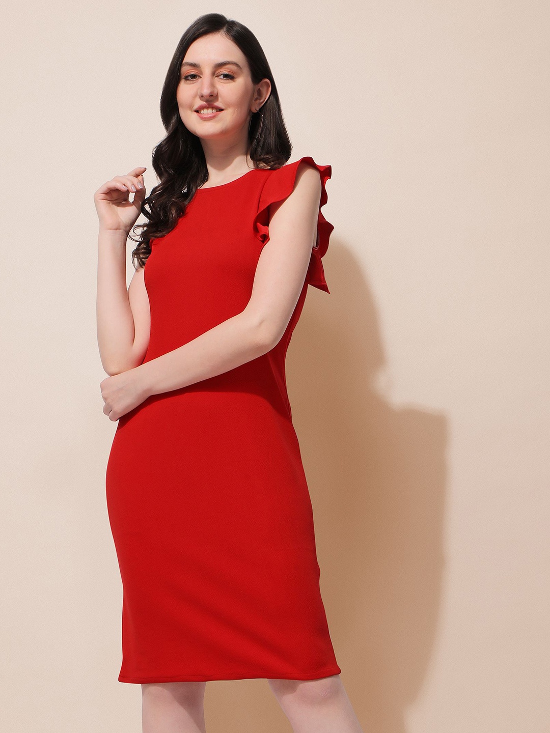 

BAESD Round Neck Sleeveless Ruffled Sheath Dress, Red