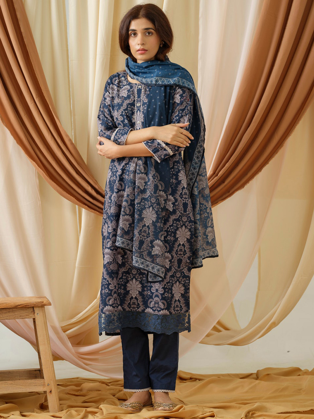 

Ishin Blue & Taupe Floral Printed Bead Work Linen Kurta with Trousers & Dupatta