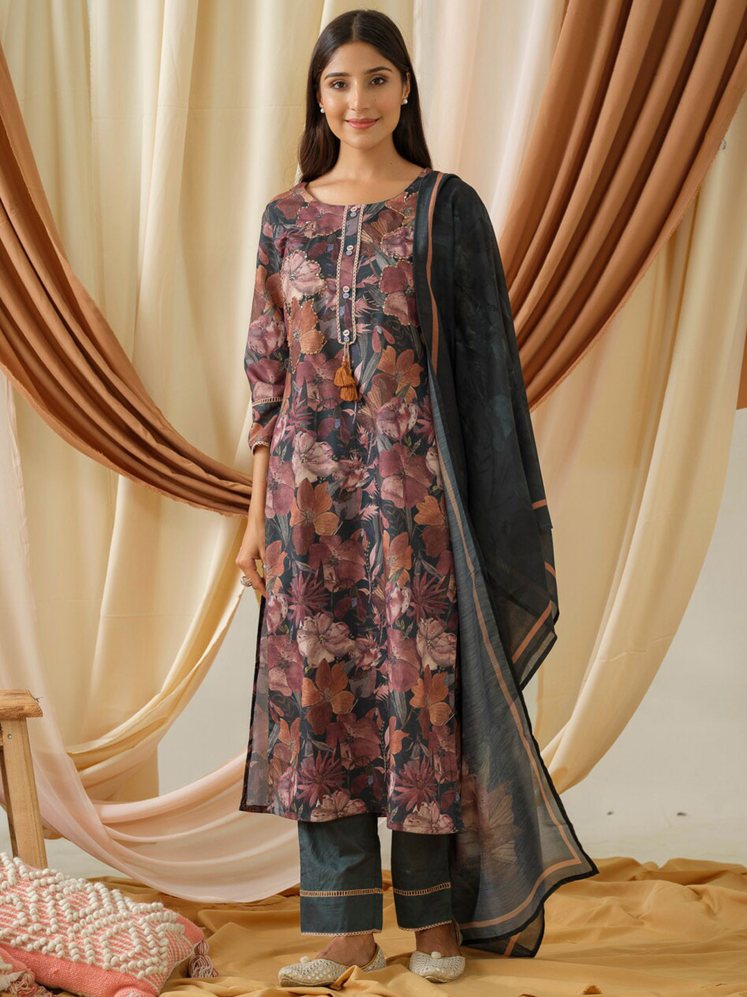 

Ishin Floral Printed Regular Linen Kurta With Trousers & Dupatta, Teal