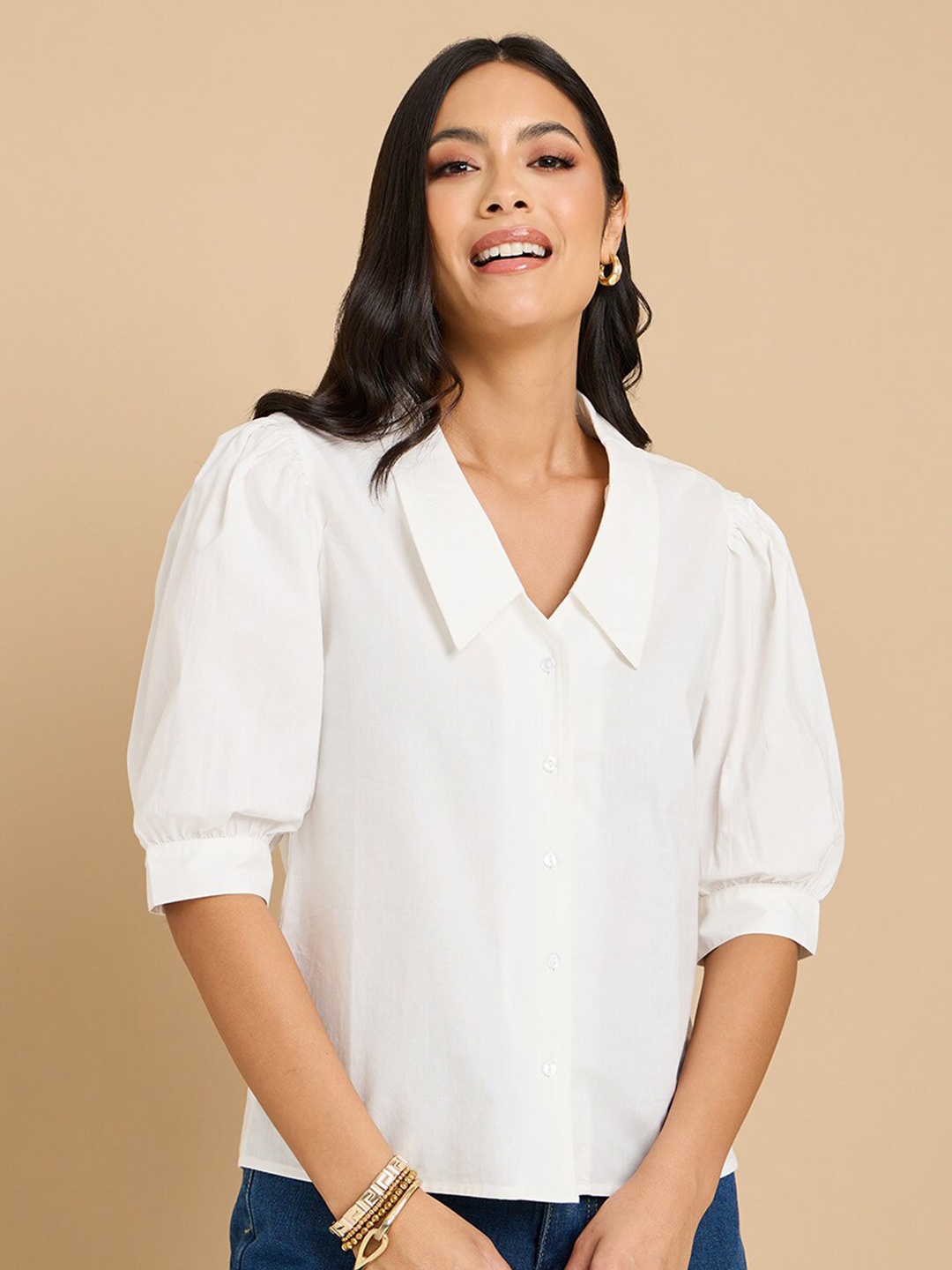 

Styli White Puff Sleeves Pure Cotton Shirt Style Top