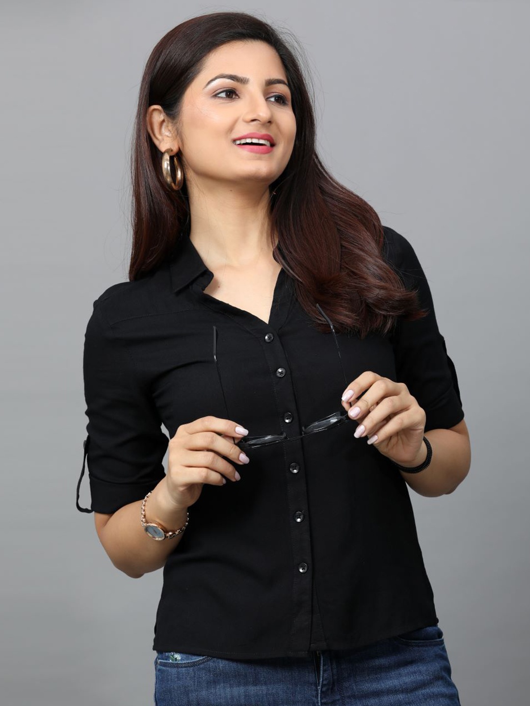 

Tallwalker Standard Spread Collar Roll-Up Sleeves Casual Shirt, Black