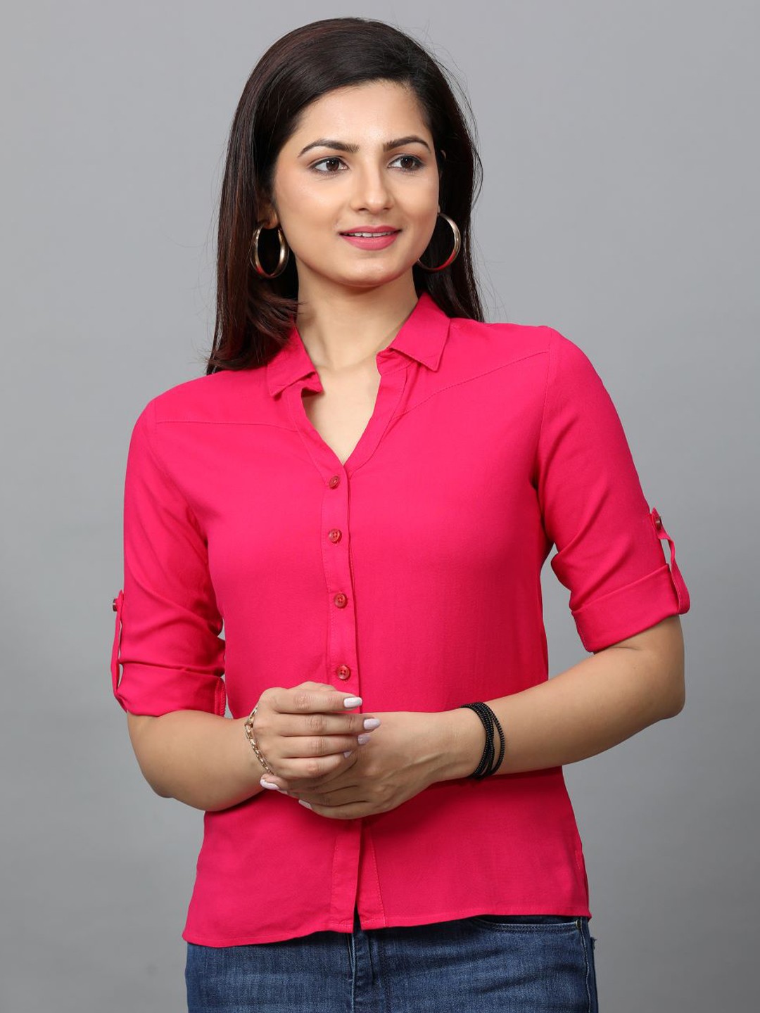 

Tallwalker Standard Spread Collar Roll-Up Sleeves Casual Shirt, Magenta