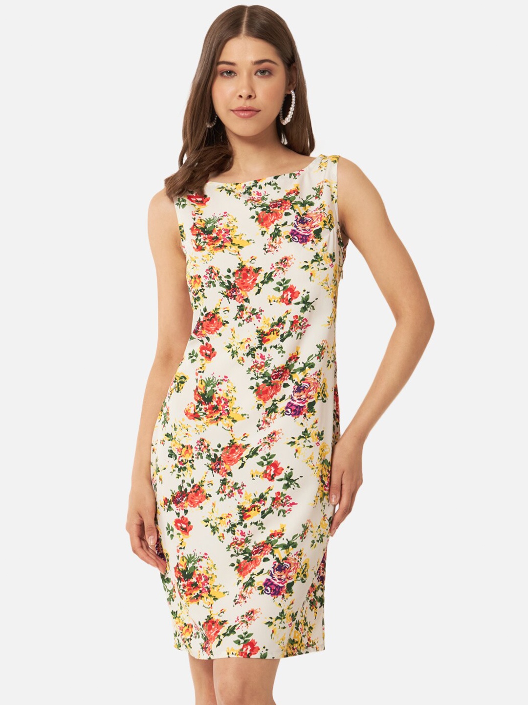 

BAESD Floral Printed Boat Neck Sleeveless Sheath Dress, Beige