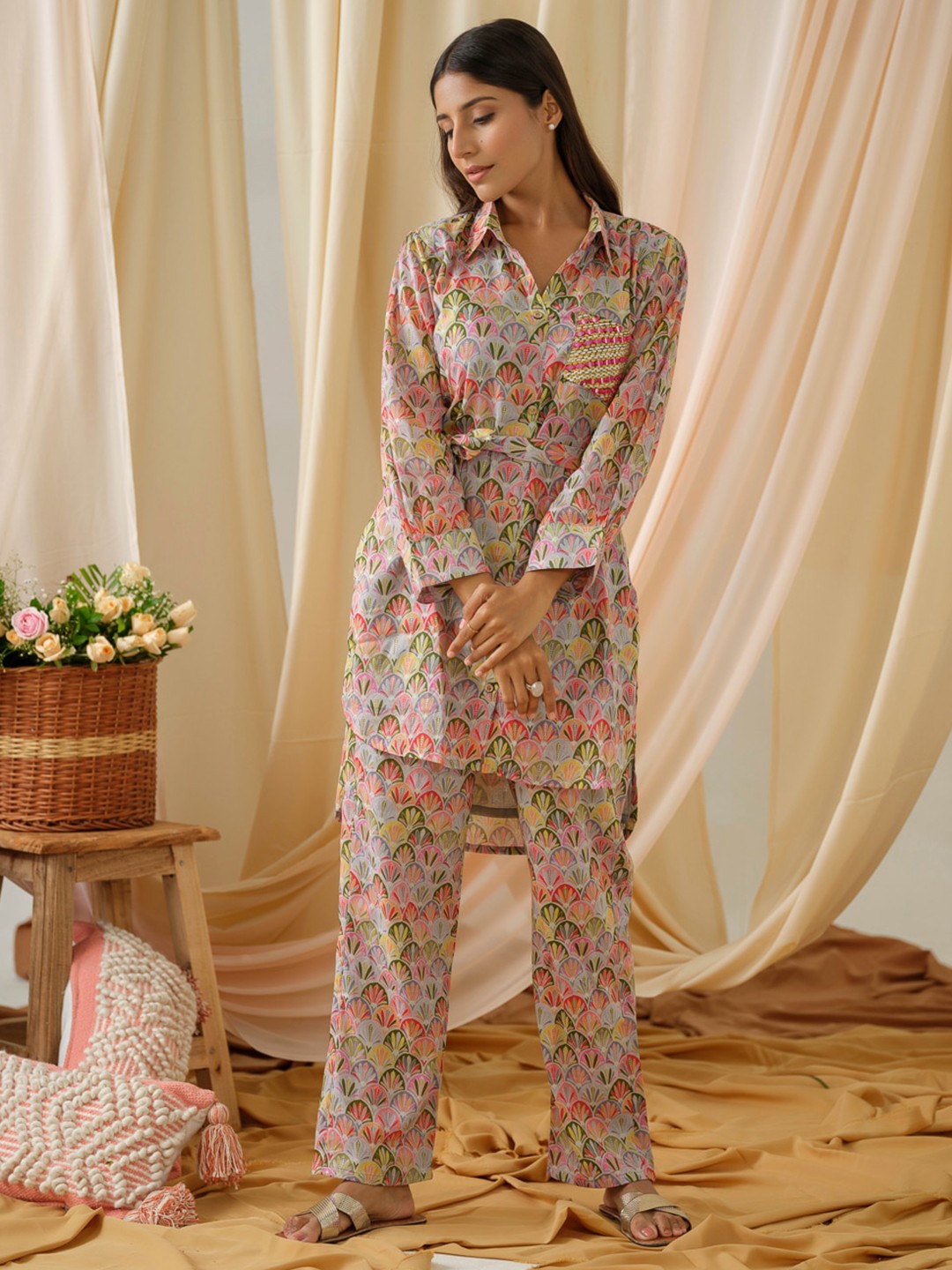 

Ishin Printed Pure Cotton Tunic With TrousersCo-Ords, Pink