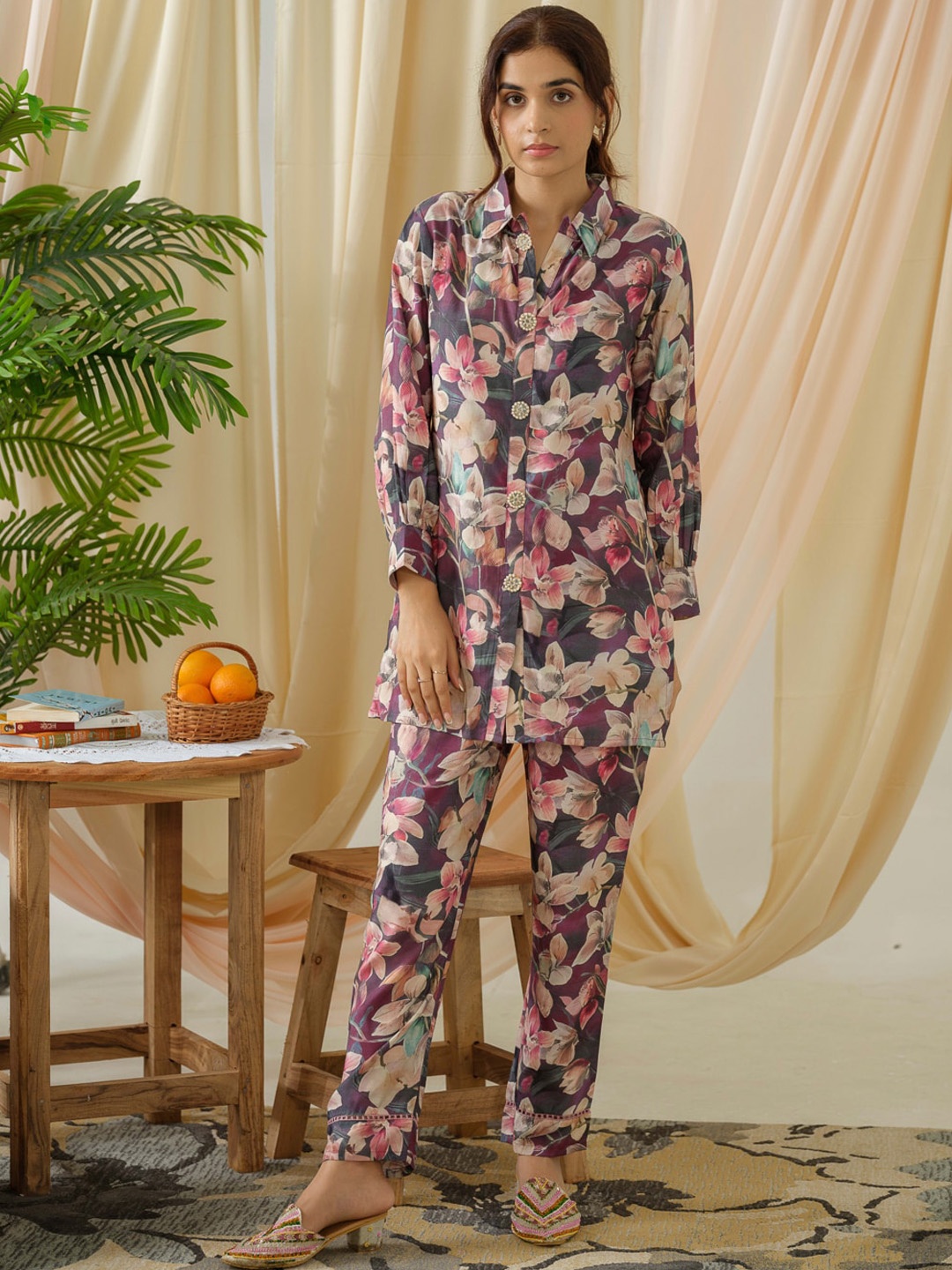 

Ishin Purple Floral Printed Pure Cotton Shirt Collar Kurta With Trousers