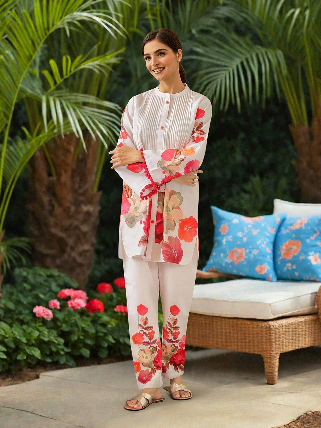 

Ishin Floral Printed Mandarin Collar Linen Tunic With Trousers, White