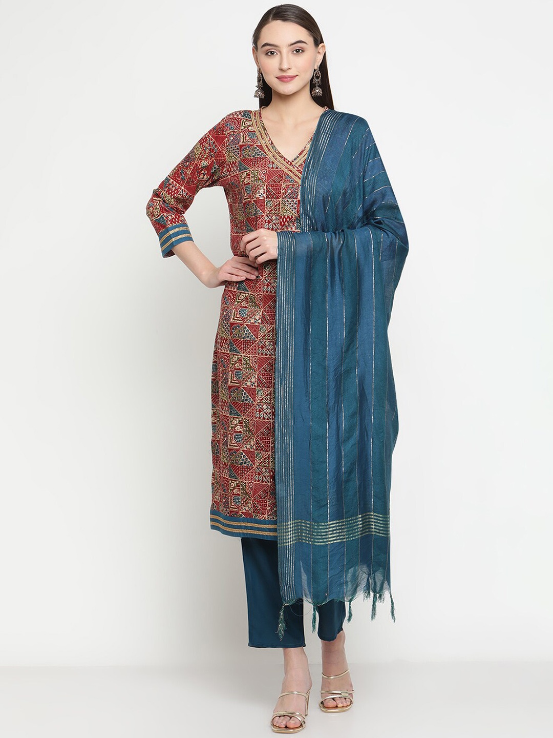 

Be Indi Ethnic Motifs Printed Rayon Kurta Set with Trouser & Dupatta, Maroon