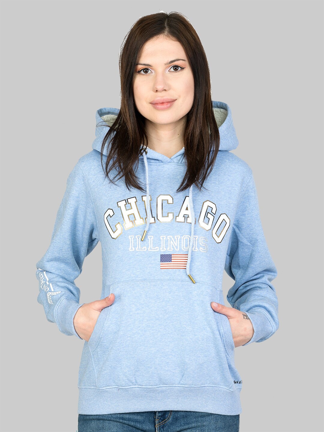 

Cheribell Typography Printed Hooded Fleece Sweatshirt, Turquoise blue