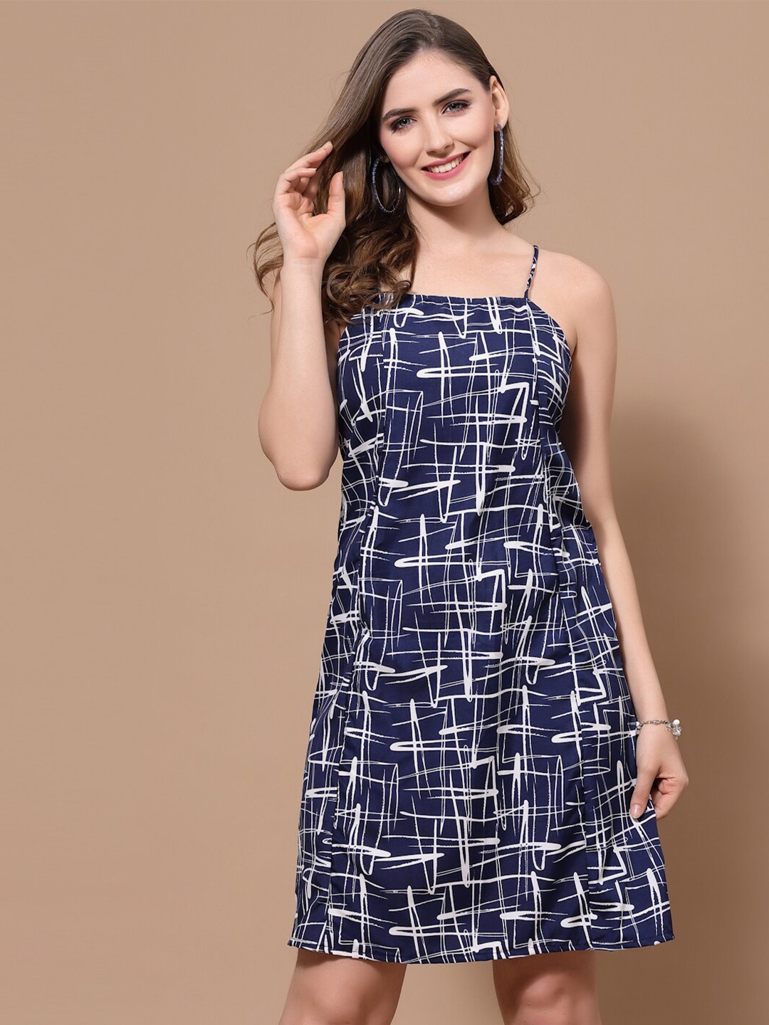 

BAESD Abstract Printed Shoulder Straps A-Line Dress, Blue