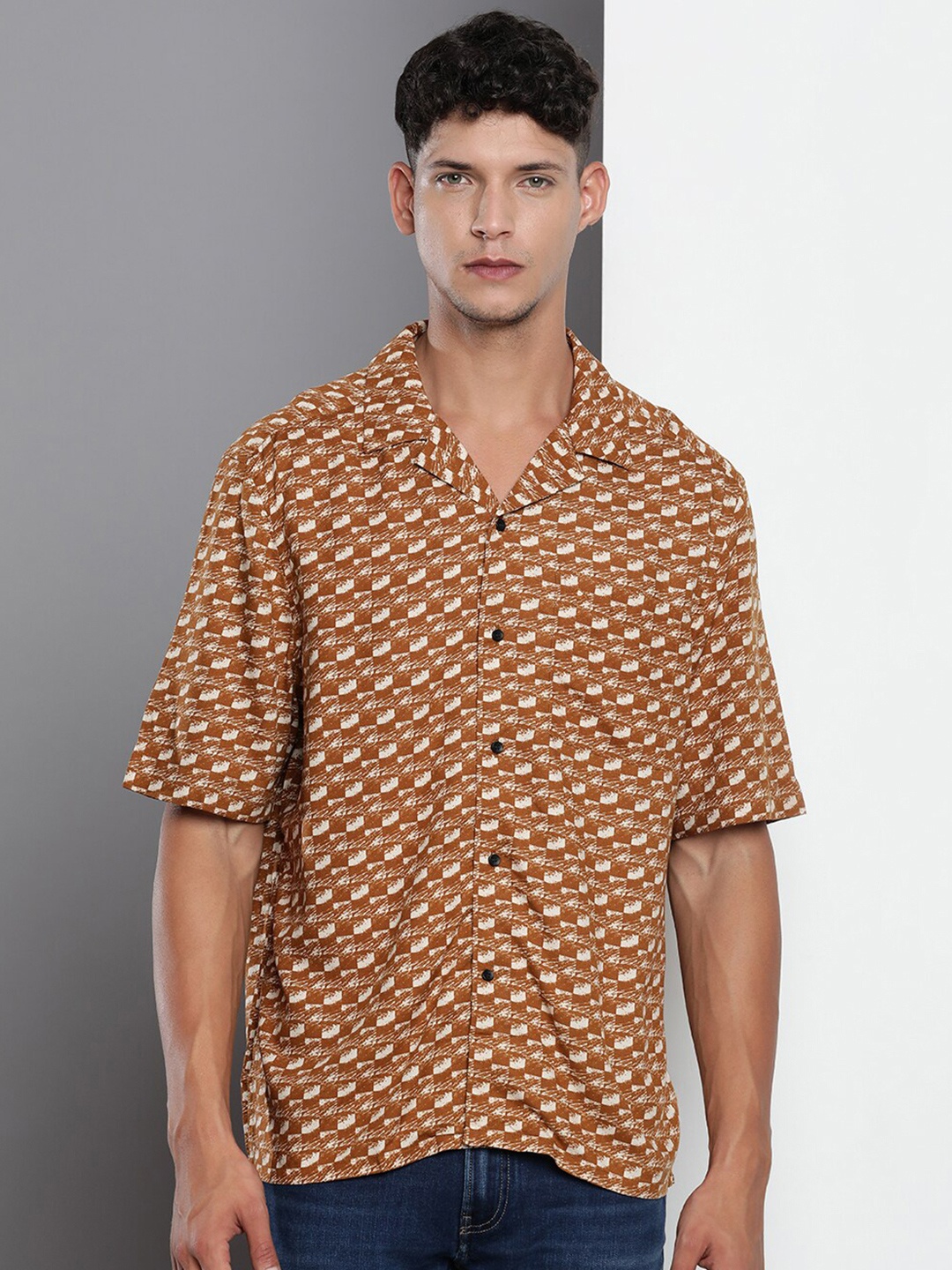 

Calvin Klein Jeans Boxy Geometric Printed Casual Shirt, Brown