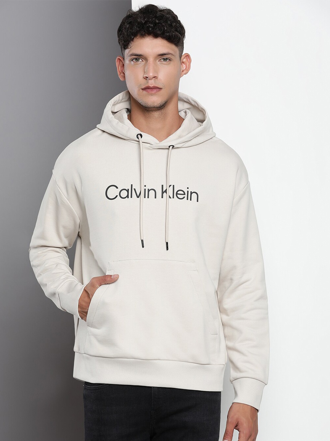 

Calvin Klein Jeans Typography Printed Hooded Cotton Sweatshirt, Beige