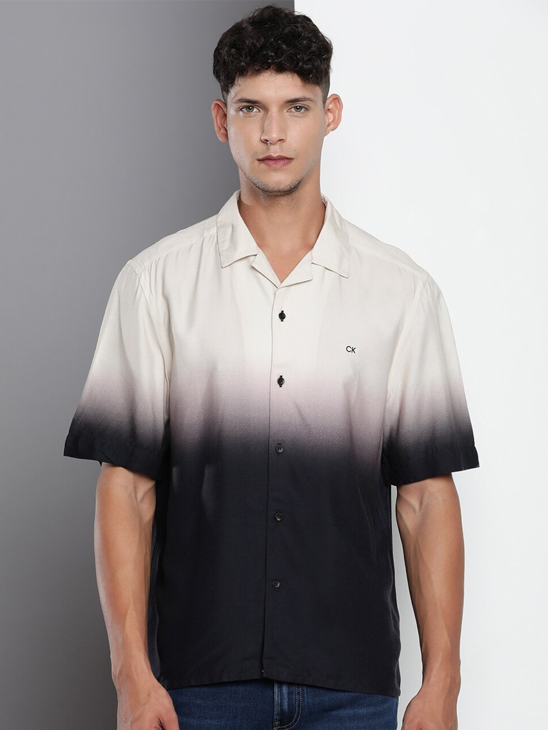 

Calvin Klein Jeans Boxy Faded Spread Collar Casual Shirt, Beige