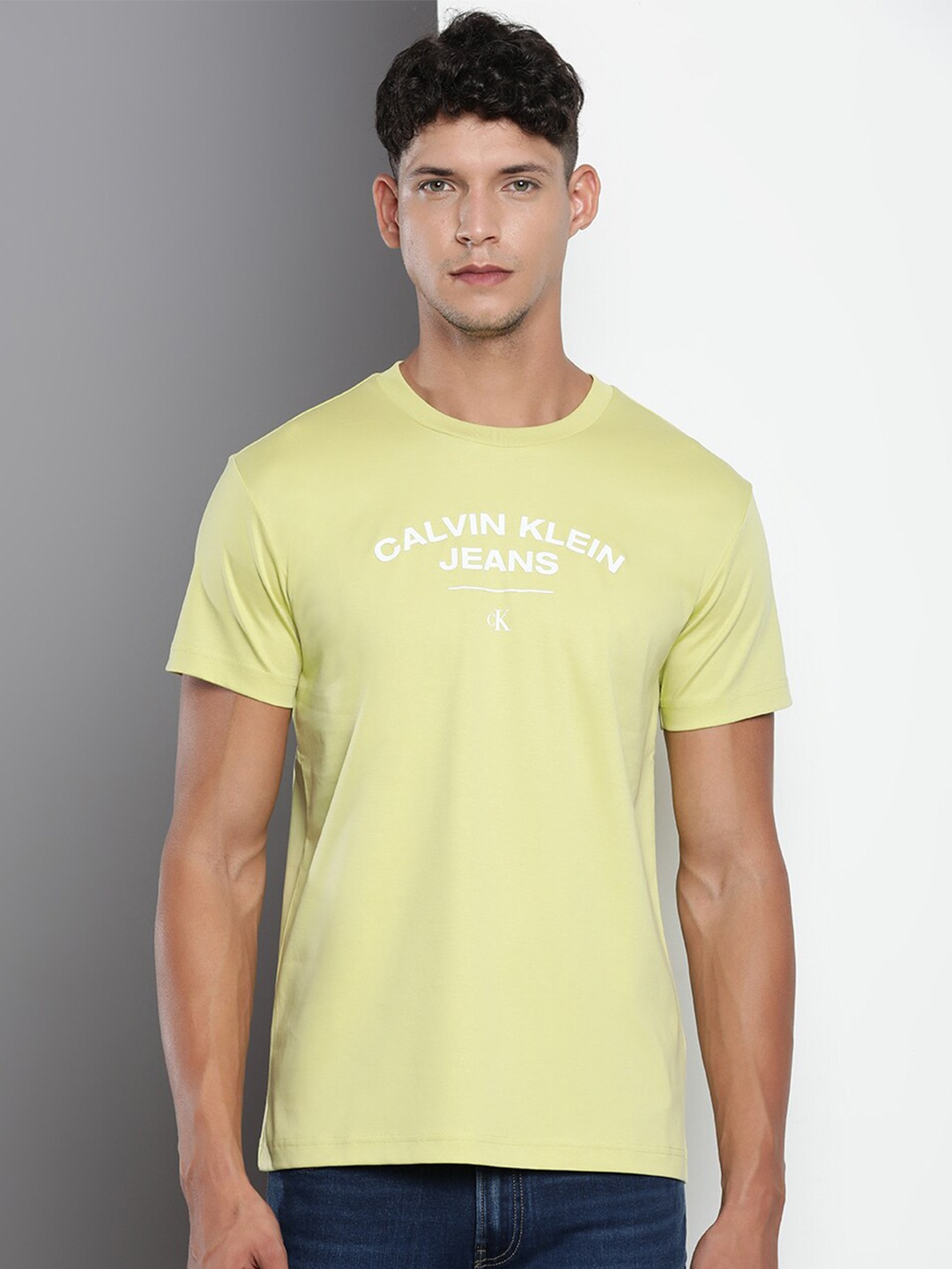 

Calvin Klein Jeans Typography Printed Slim Fit Pure Cotton T-shirt, Lime green