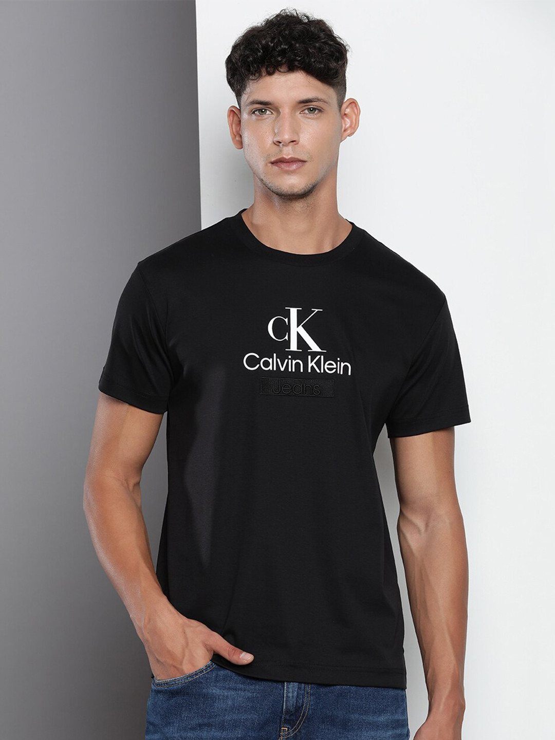 

Calvin Klein Jeans Typography Printed Slim Fit Pure Cotton T-shirt, Black