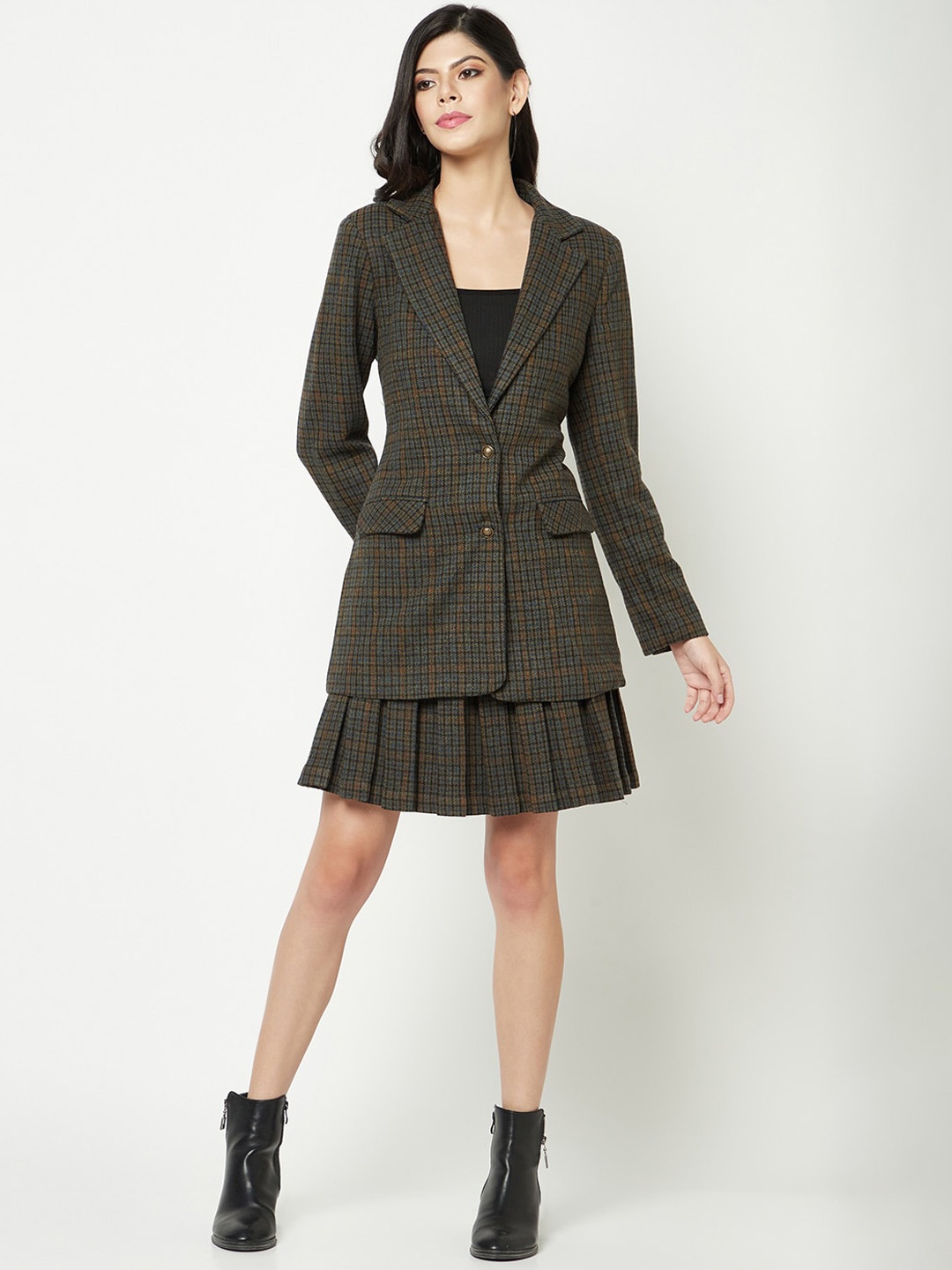 

HOUSE OF S Checked Lapel Collar Coat & Mini Pleated Skirt, Olive