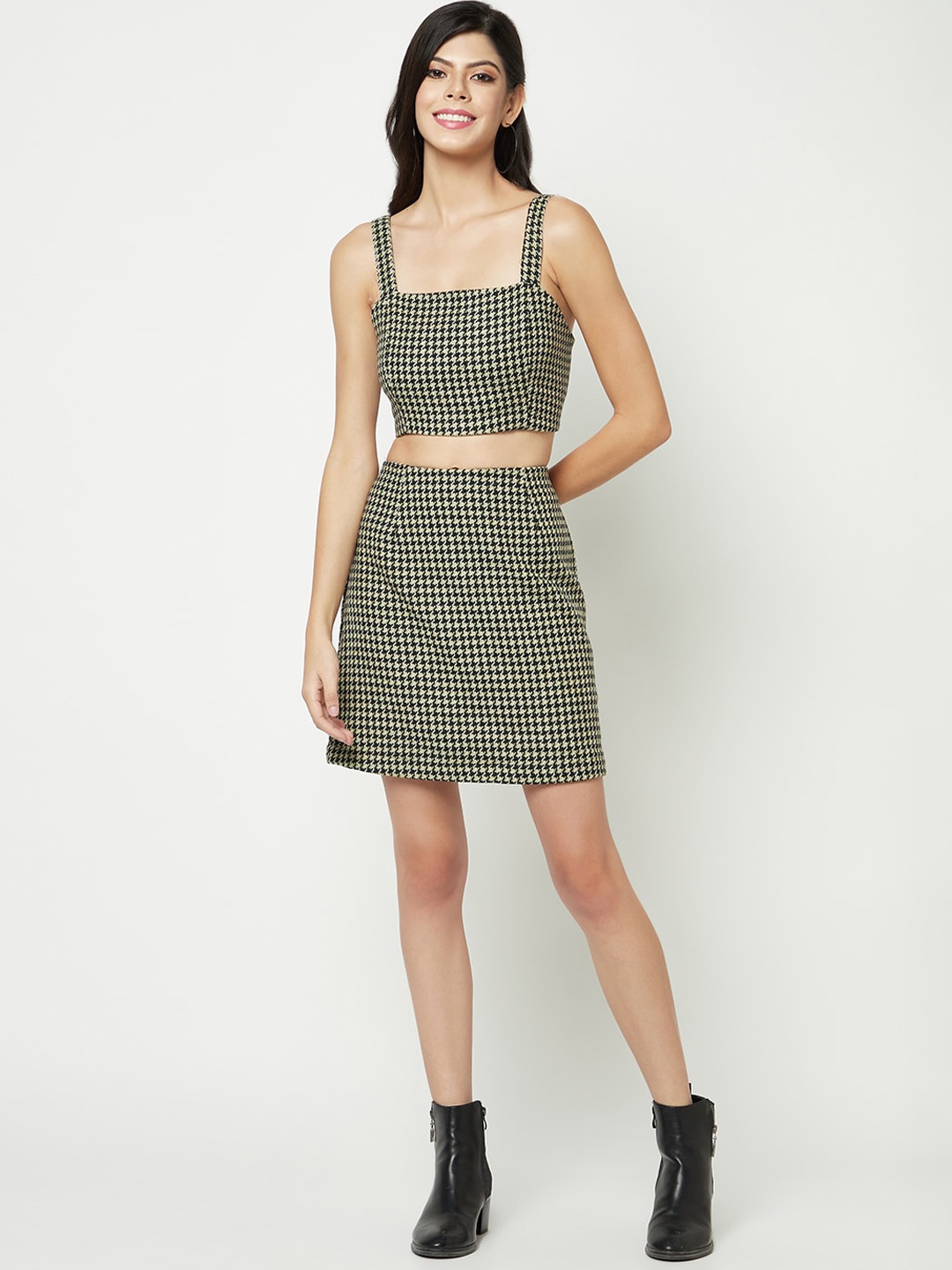 

HOUSE OF S Checked Shoulder Straps Top With Skirt, Green