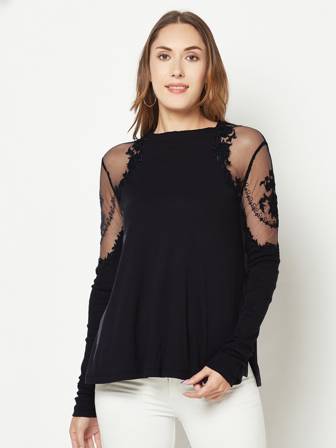 

HOUSE OF S Round Neck Self Design Applique Regular Cotton Top, Black