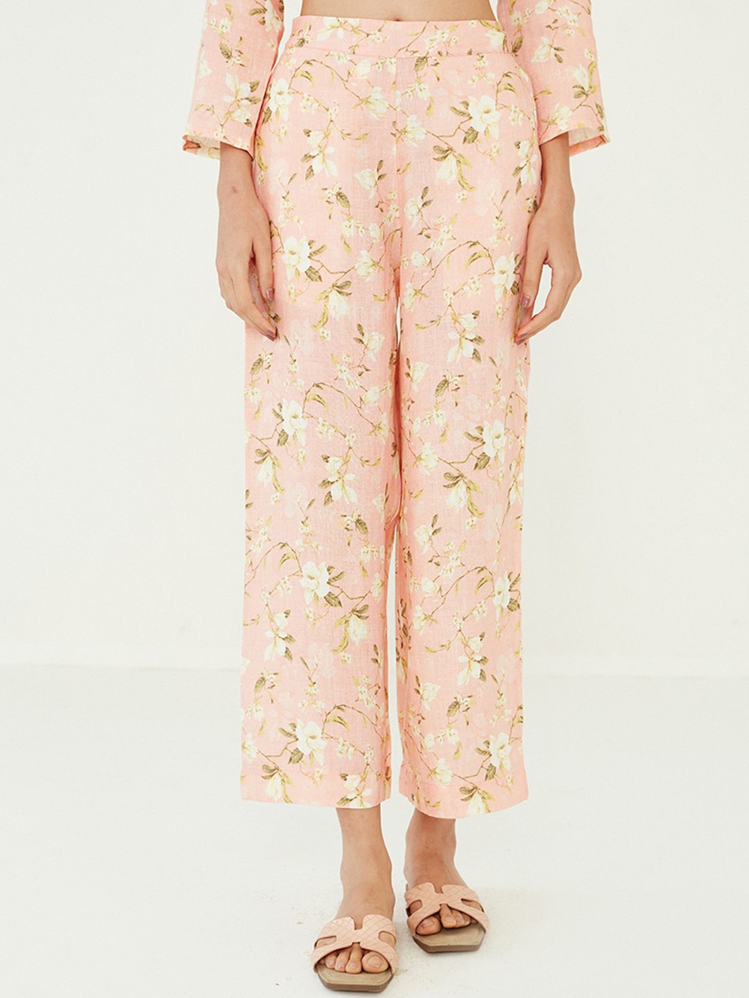 

Ancestry Women Floral Printed Linen Straight Fit Trousers, Peach