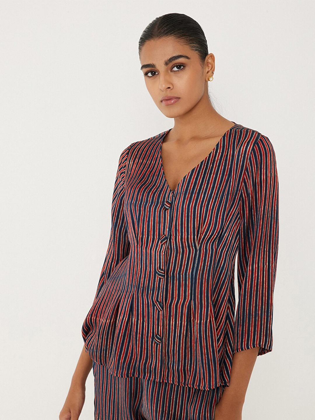 

Ancestry Striped V-Neck Shirt Style Top, Maroon