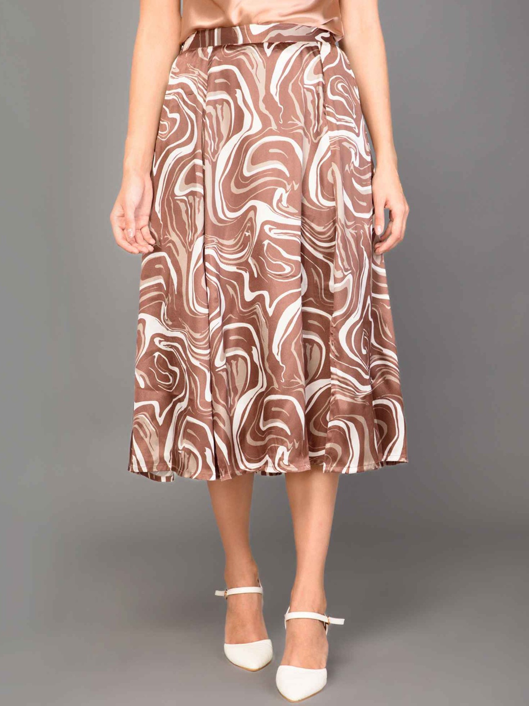 

PURYS Printed Satin Flared Midi Skirt, Brown