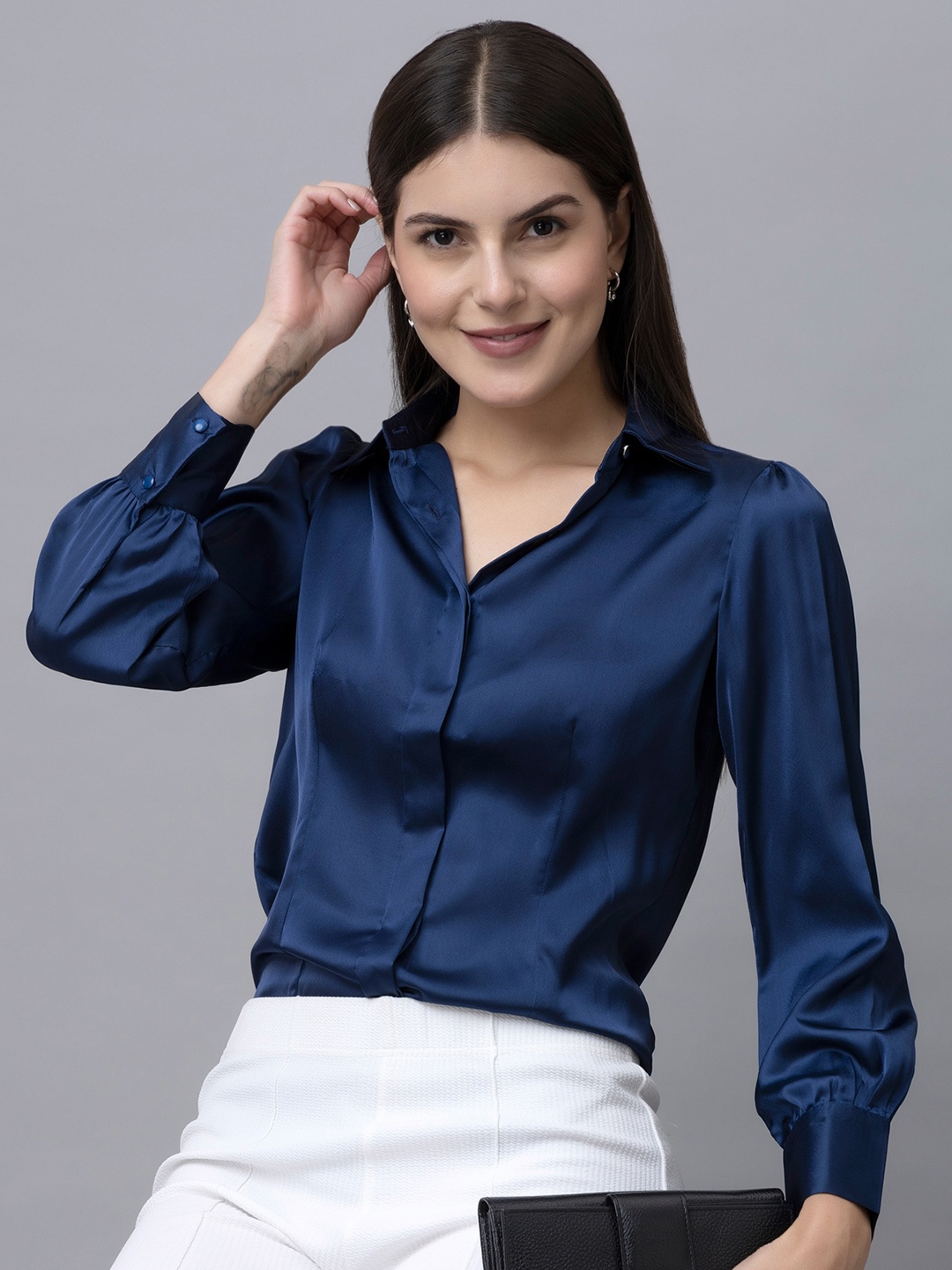 

PURYS Spread Collar Opaque Casual Shirt, Navy blue