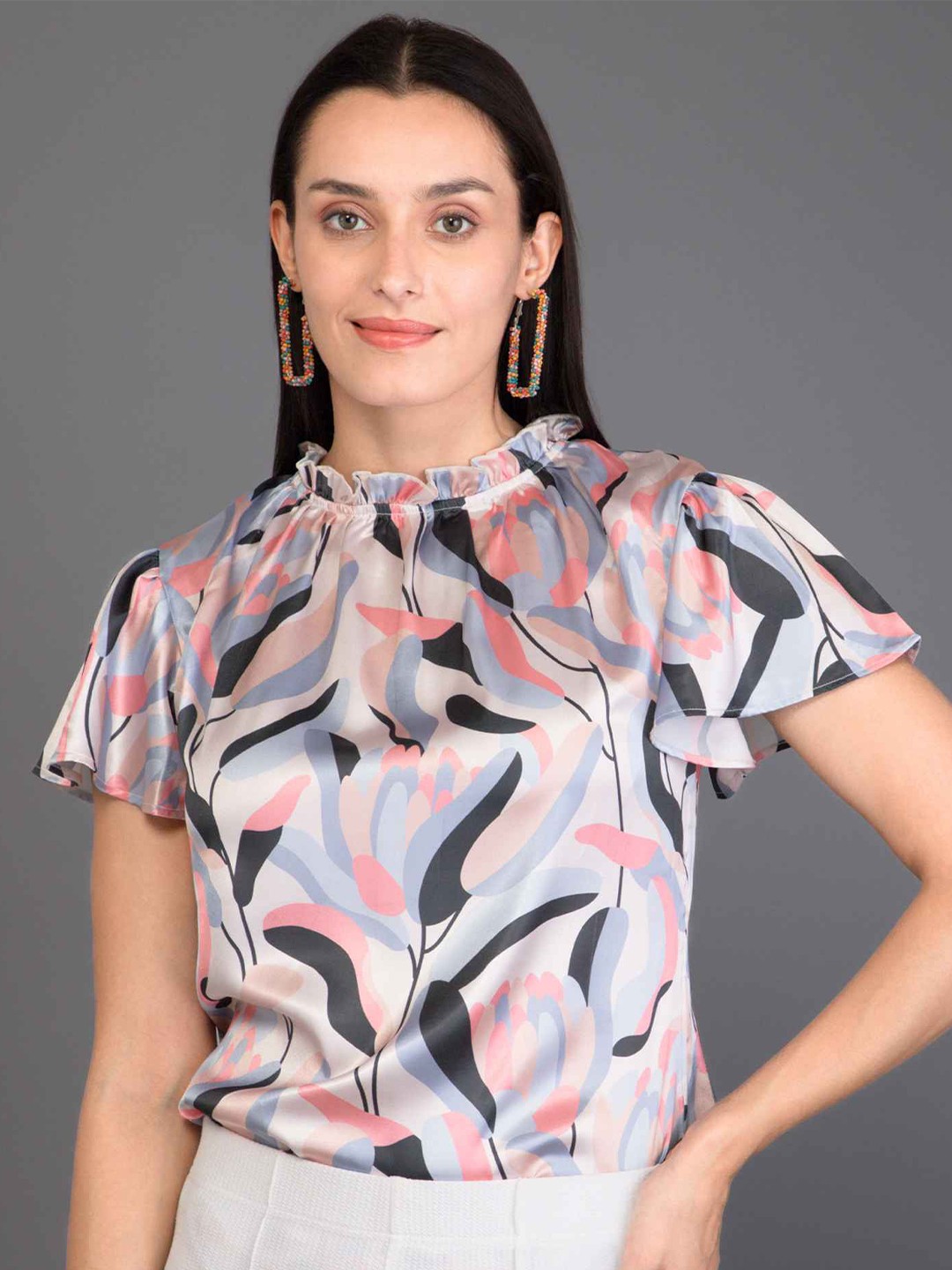 

PURYS Floral Printed Satin Top, Off white