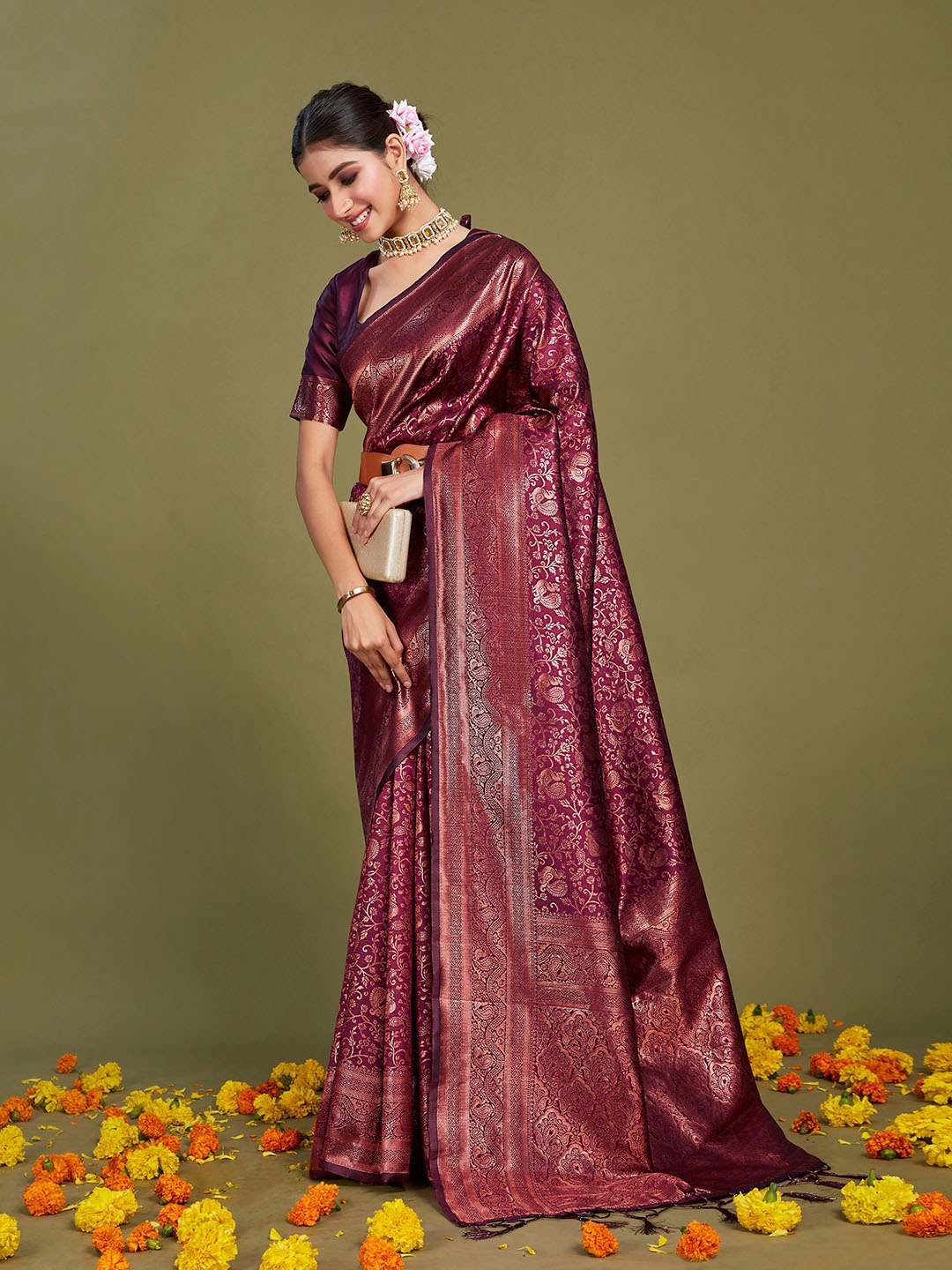 

Sangria Floral Zari Woven Design Saree, Magenta