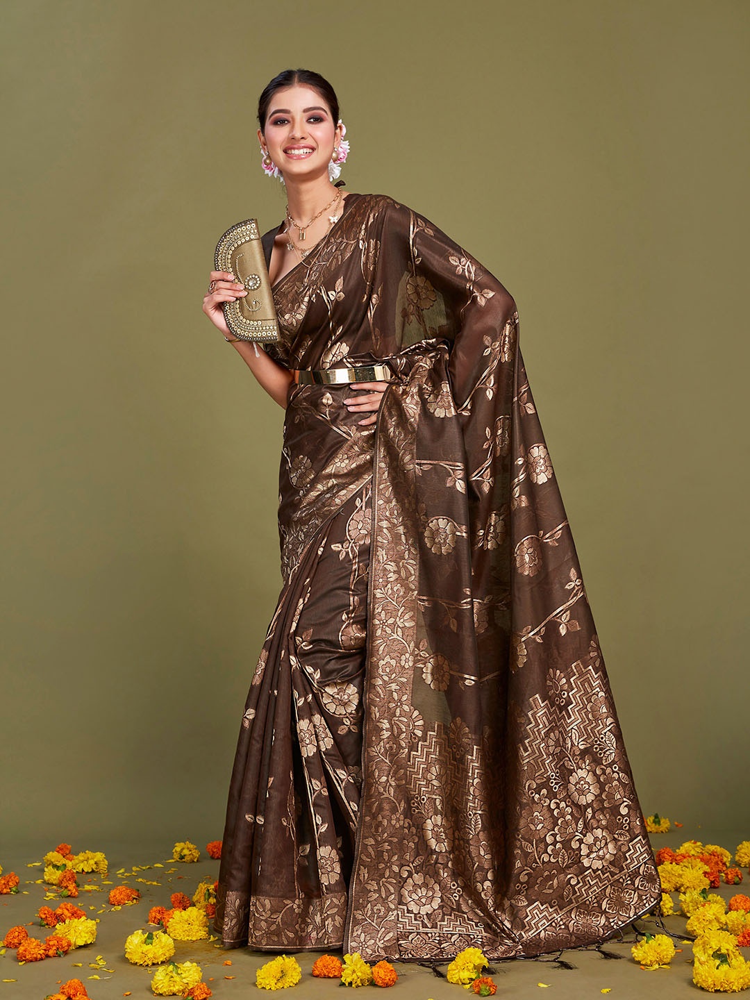 

Sangria Ethnic Motifs Woven Design Saree, Coffee brown