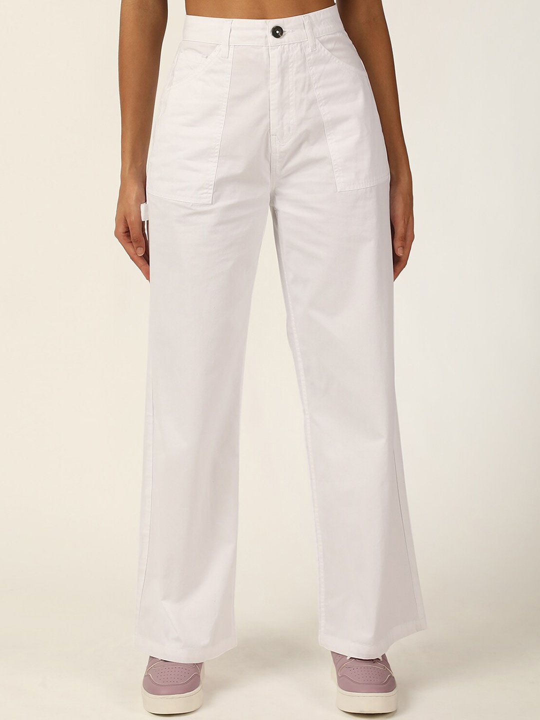 

FOREVER 21 Women High-Rise Pure Cotton Trousers, White