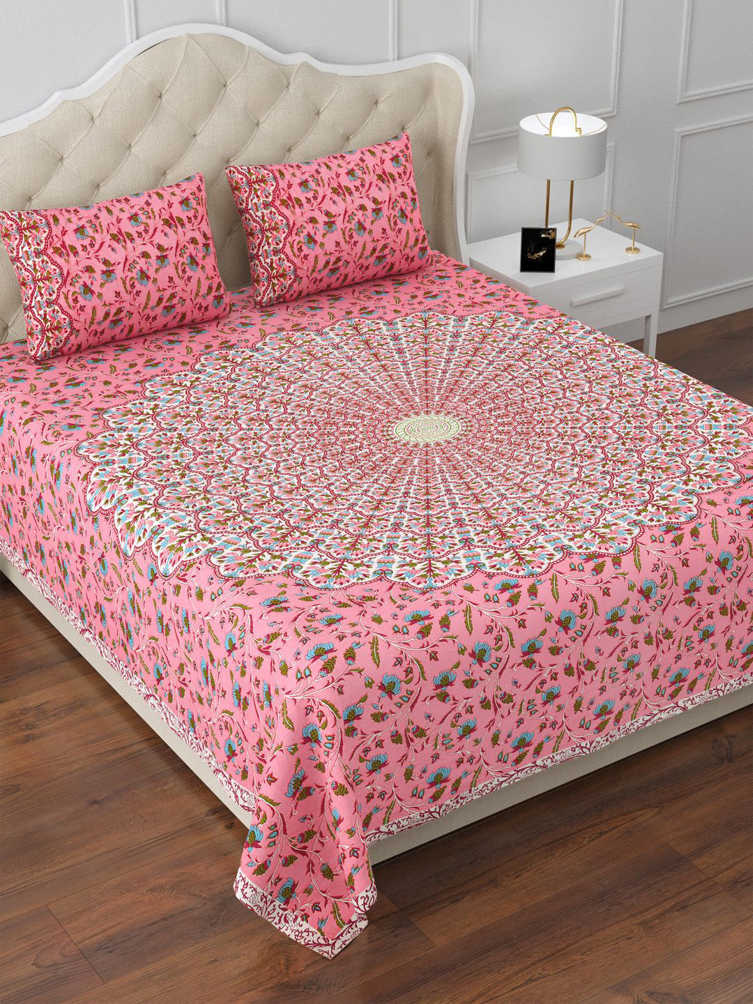 

Aapno Rajasthan Pink & White Floral Cotton 144 TC King Bedsheet With 2 Pillow Covers