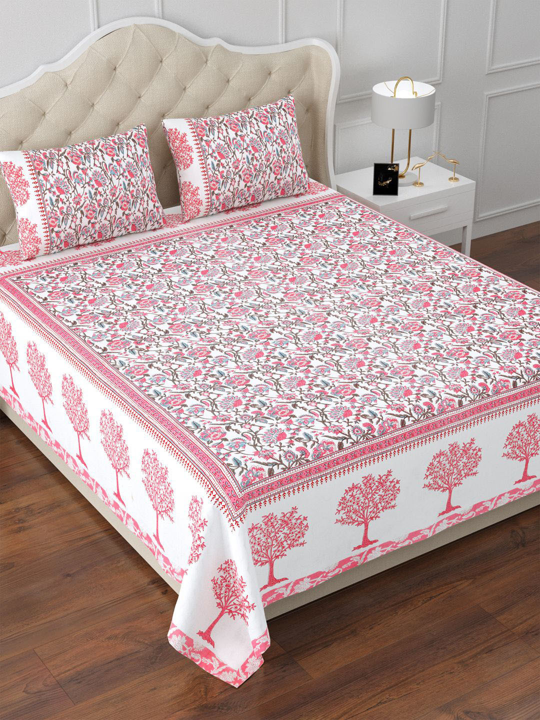 

Aapno Rajasthan Pink & White Floral Cotton 144 TC King Bedsheet With 2 Pillow Covers