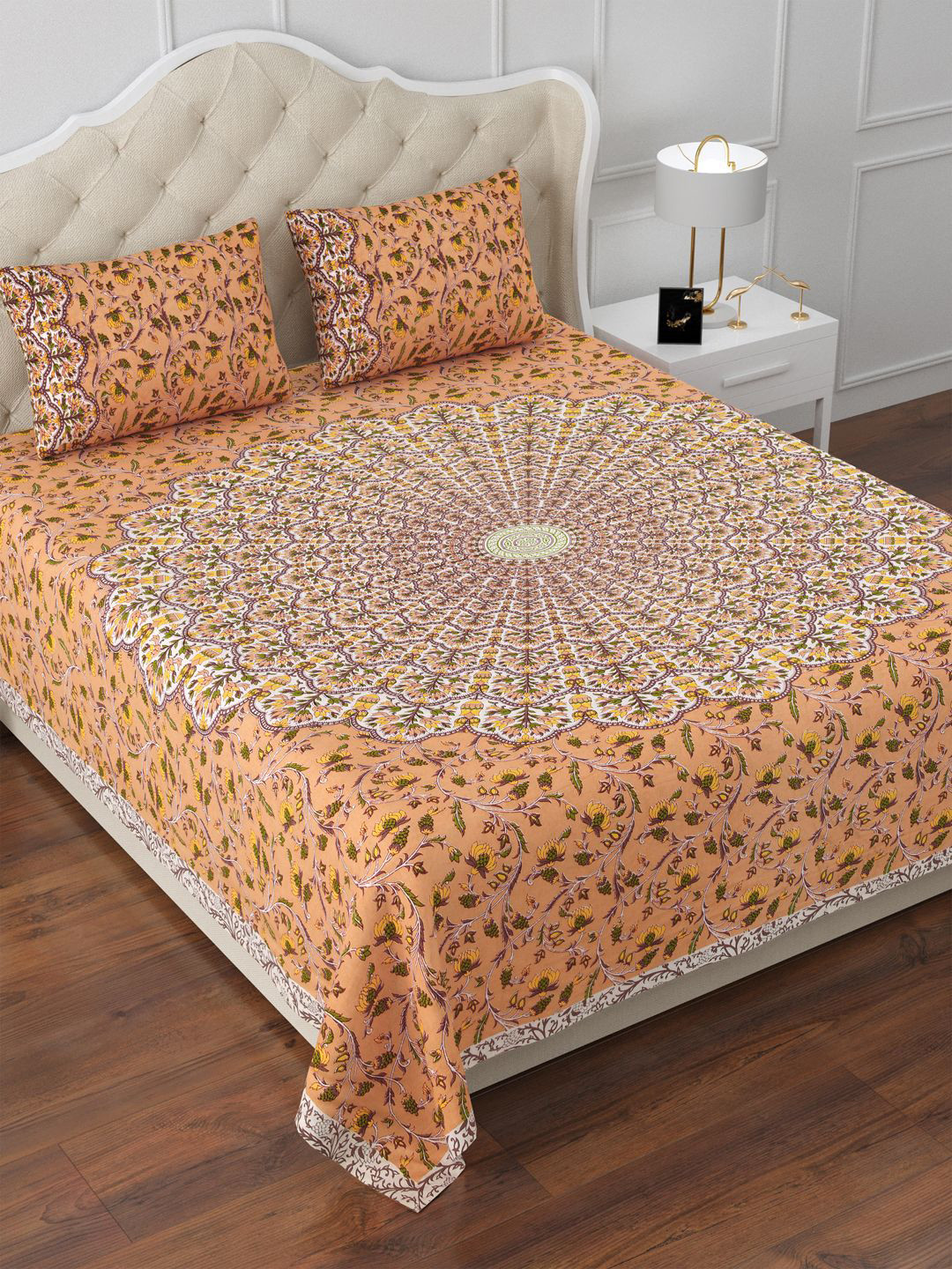 

Aapno Rajasthan Green & Orange Floral Cotton 144 TC King Bedsheet With 2 Pillow Covers