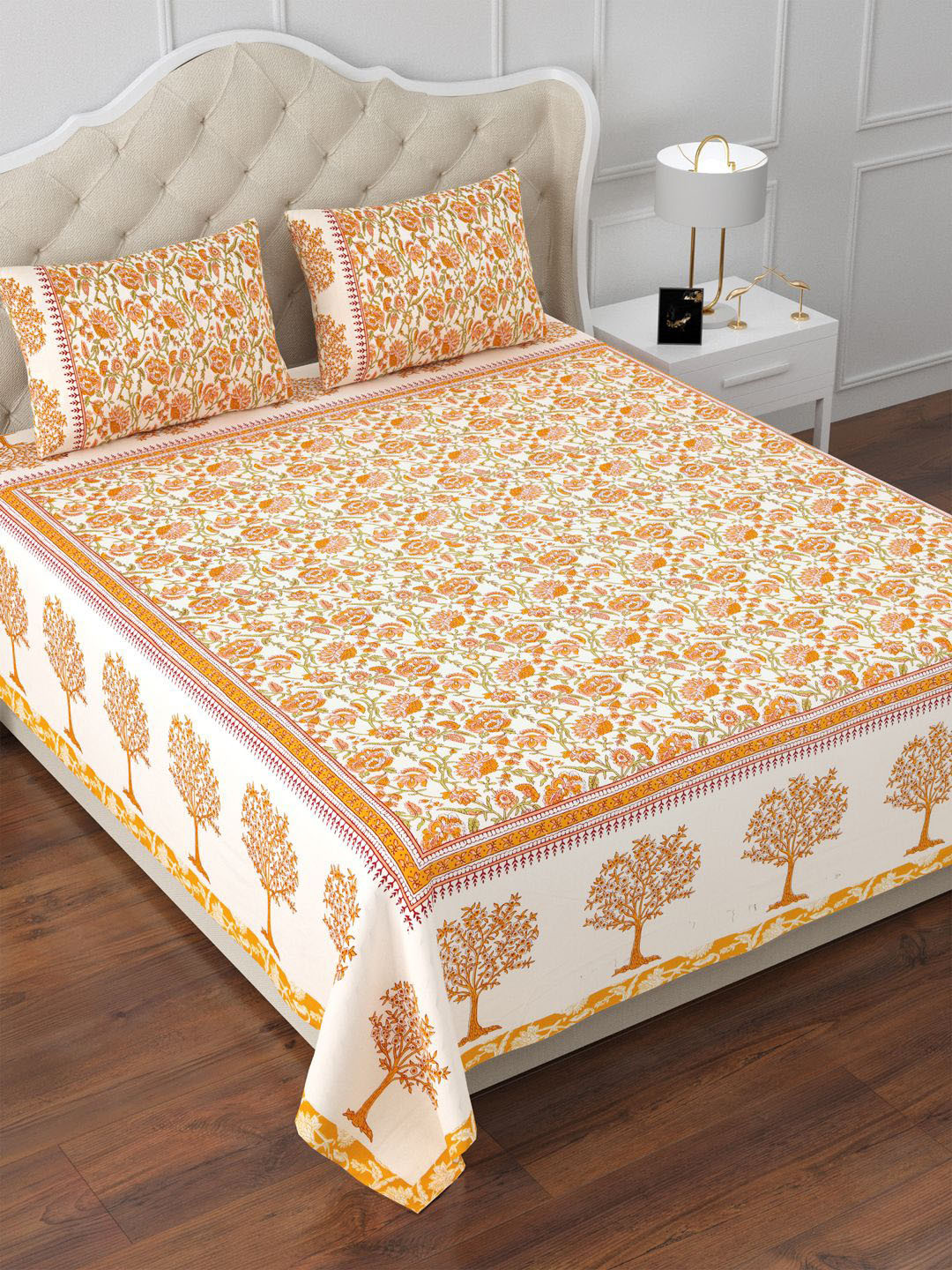 

Aapno Rajasthan White & Mustard Floral Cotton 144 TC King Bedsheet With 2 Pillow Covers