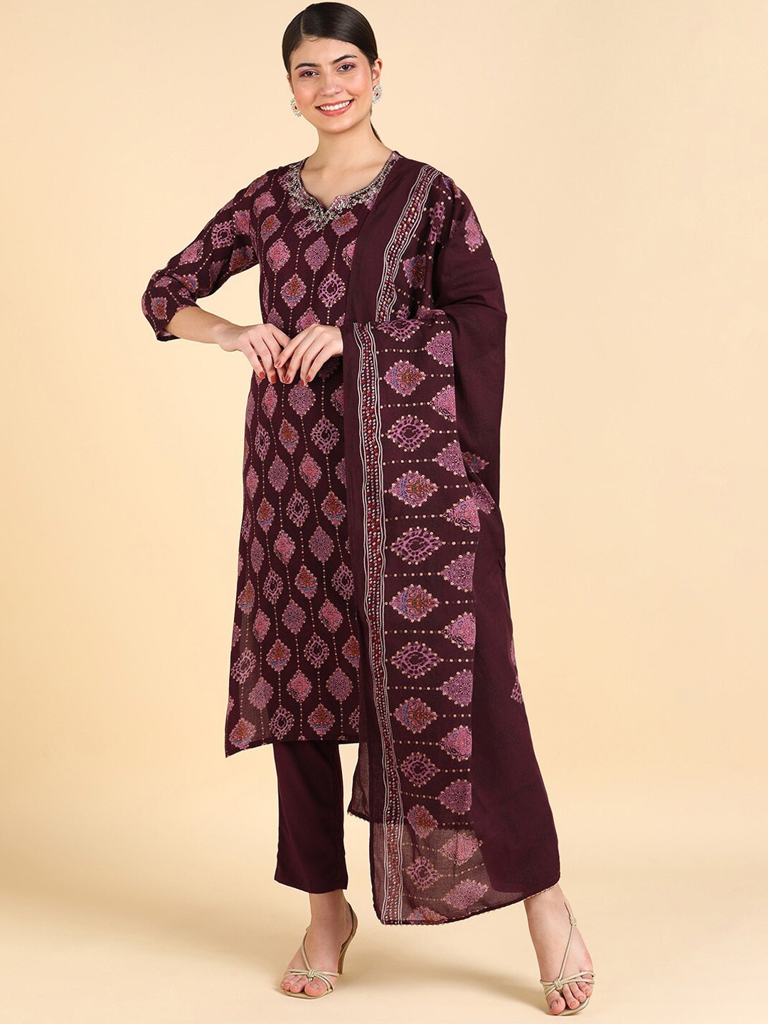 

Maaesa Ethnic Motifs Printed Kurta with Trousers & Dupatta, Purple