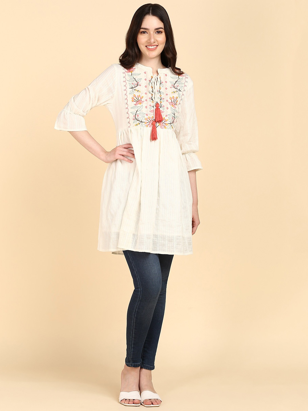 

Maaesa Floral Embroidered Cotton Tunic, Off white