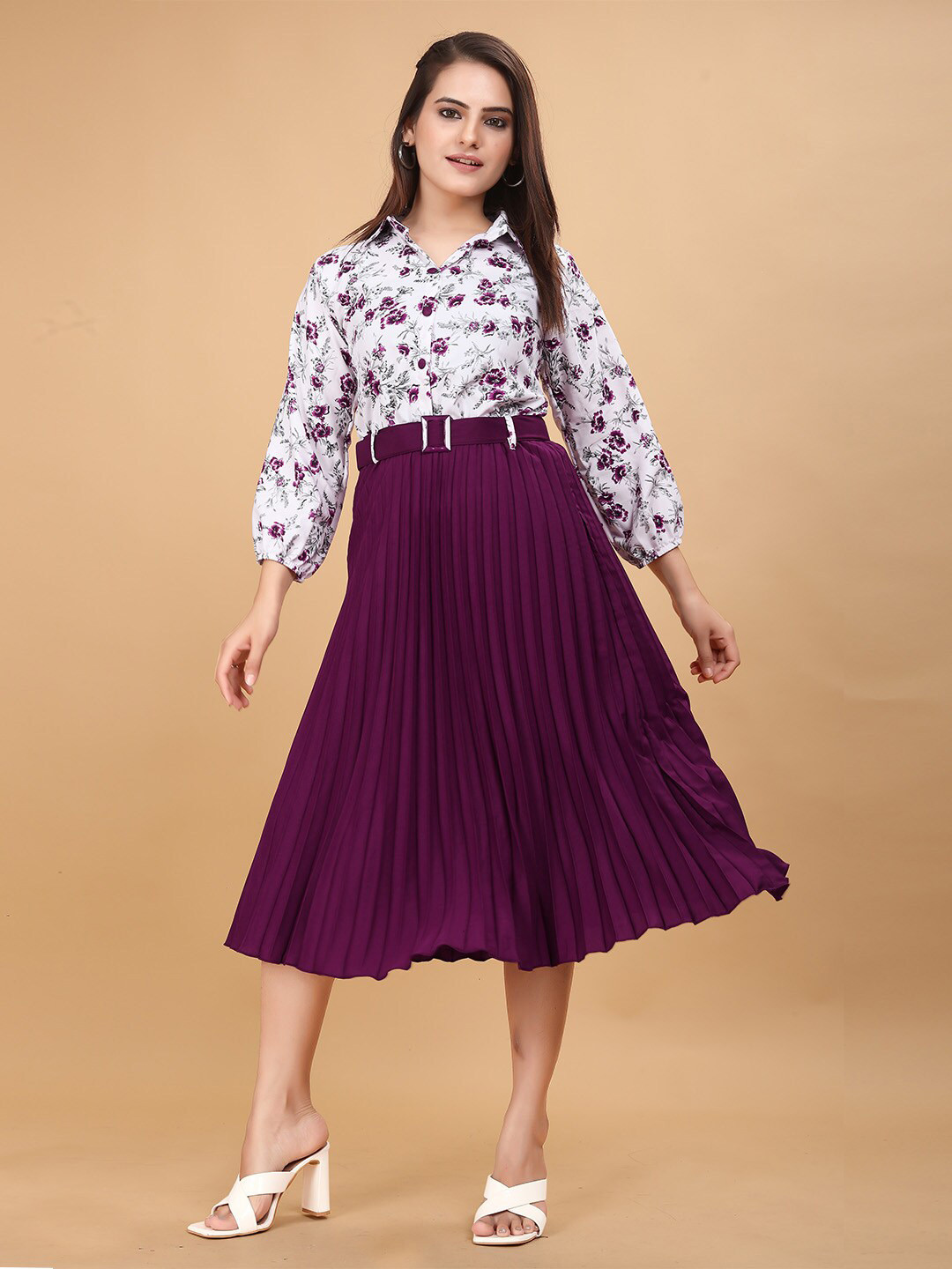 

DEKLOOK Floral Printed Shirt Collar Pleated Fit & Flare Midi Dress, Purple